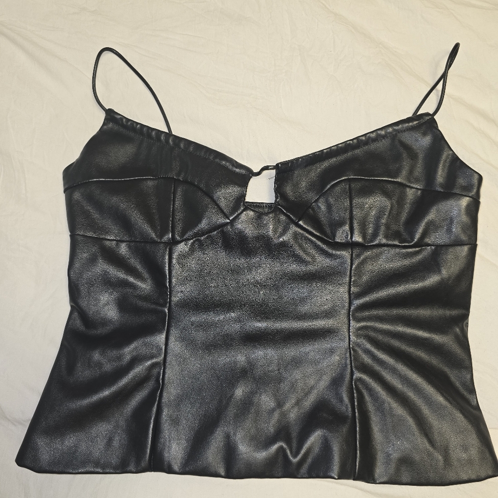Cider Black Satin Faux Leather Top, Large